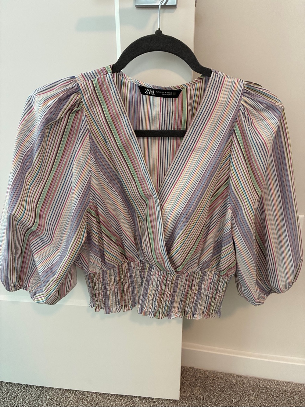 Zara Pastel Multistripe V-Neck Puff Sleeve Blouse